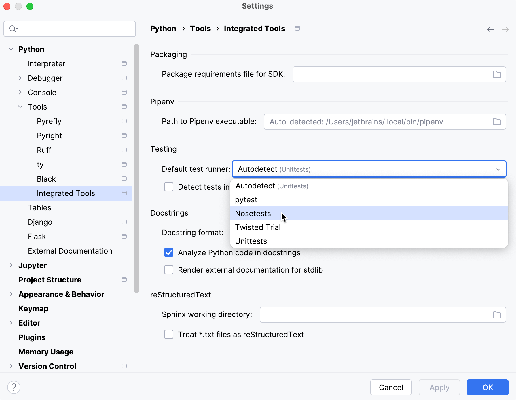 Selecting a test runner