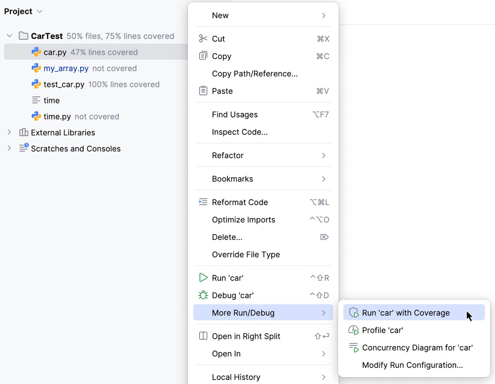 从项目视图中使用覆盖率运行