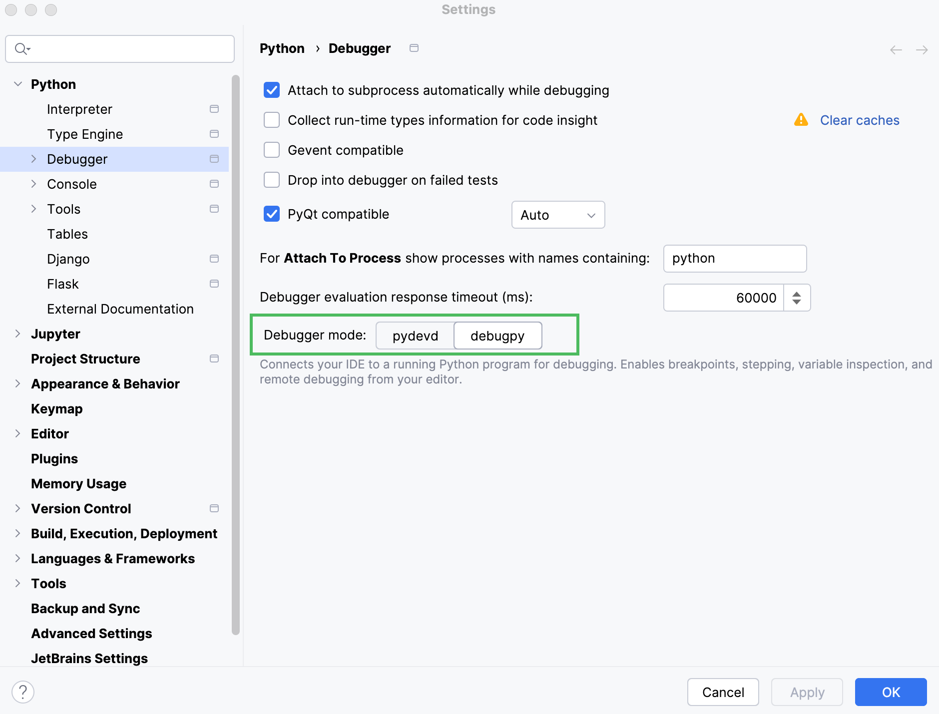 Debugger mode settings