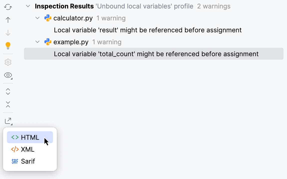 The Export button in the Inspection Results tool window The Export button in the Inspection Results tool window