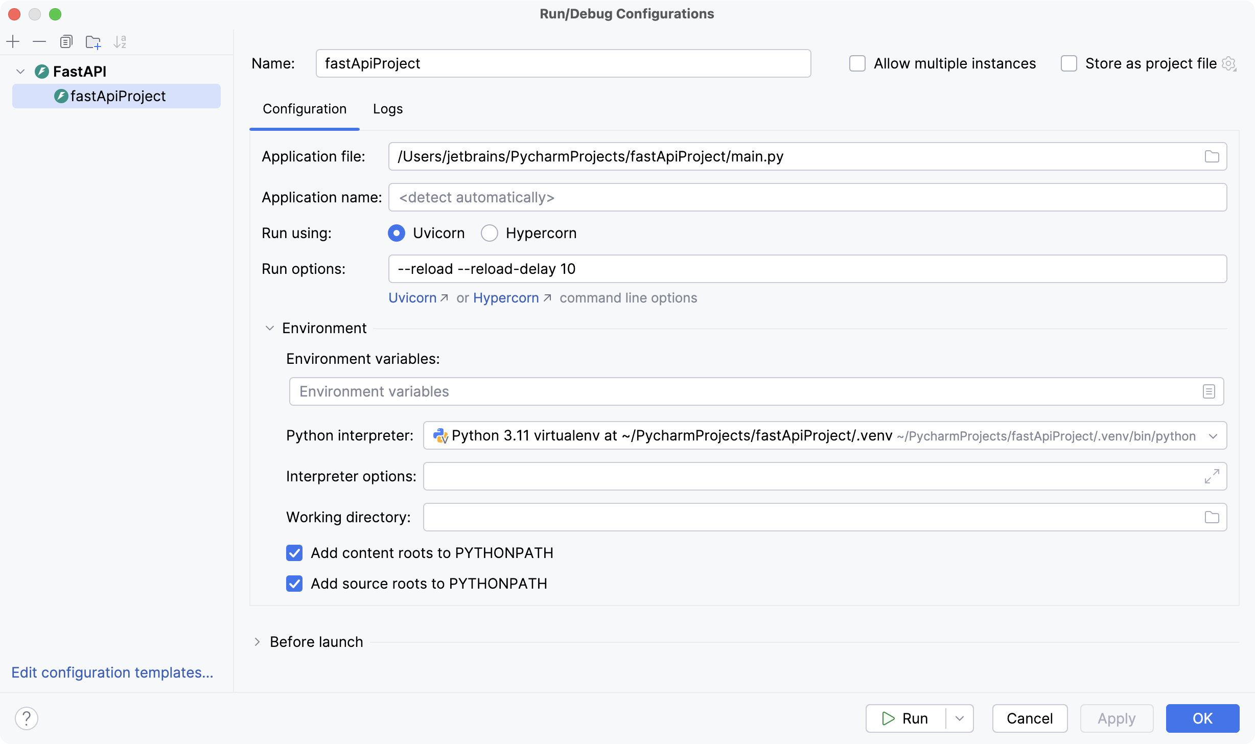FastAPI run/debug configuration FastAPI run/debug configuration