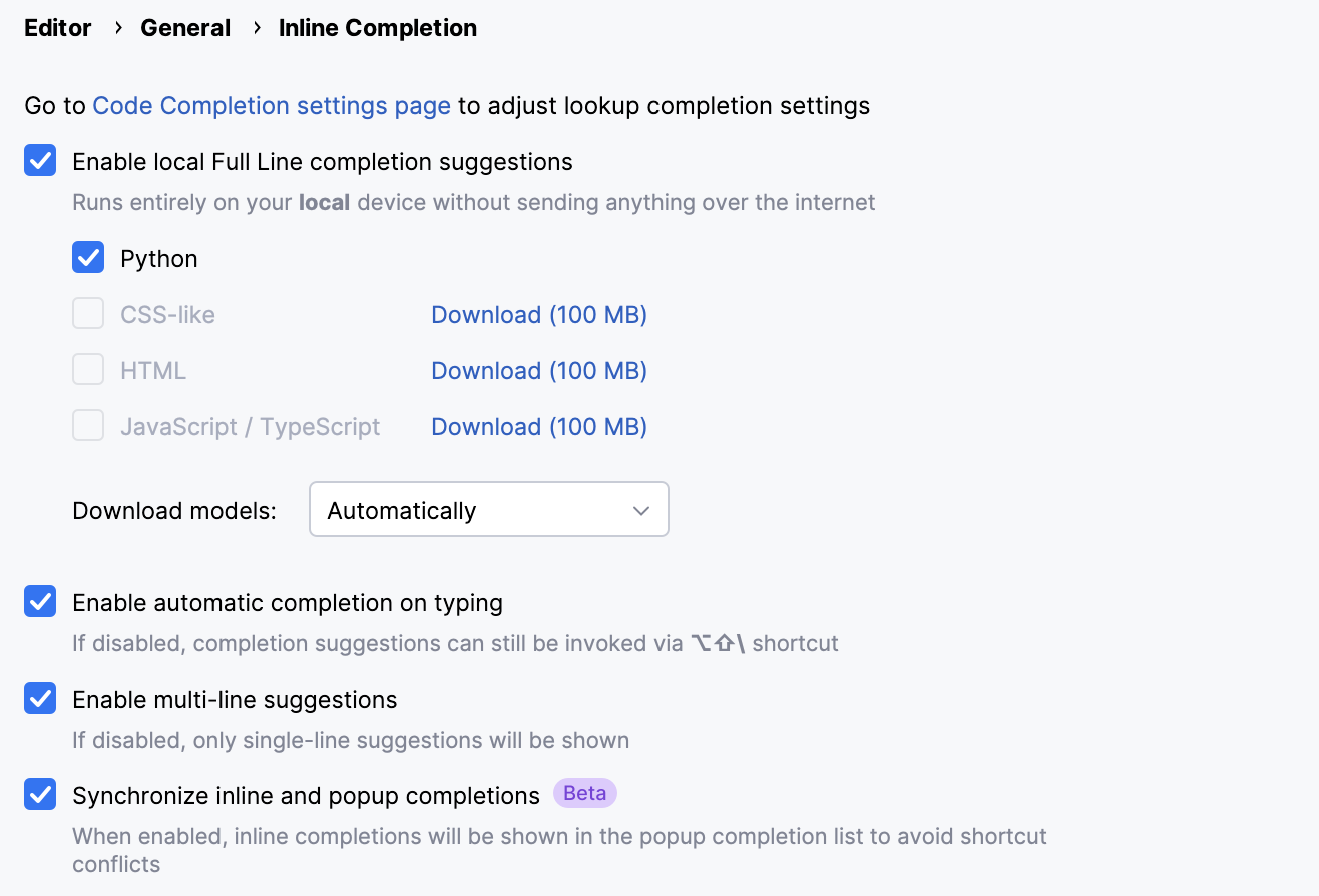 Enabling full line code completion Enabling full line code completion