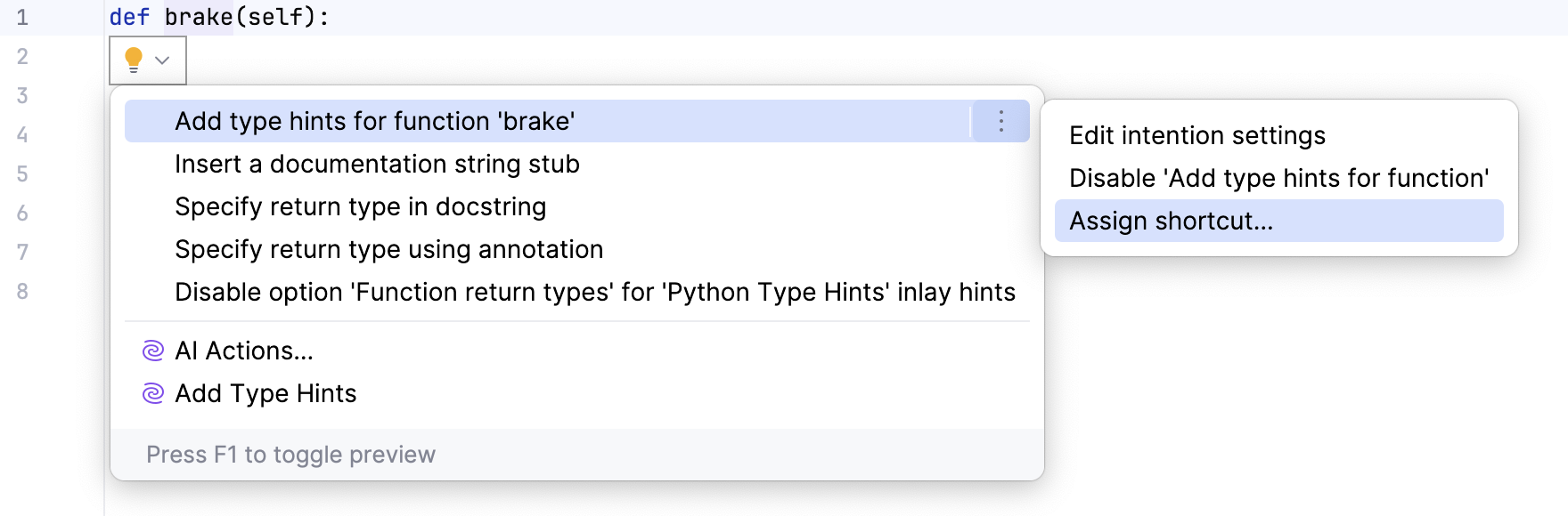 Assigning keyboard shortcut to intention action