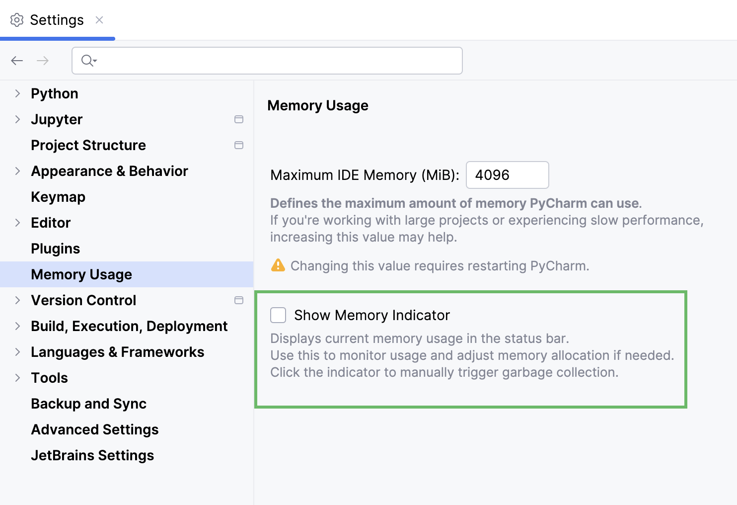 Memory Usage page opened in Settings Memory Usage page opened in Settings
