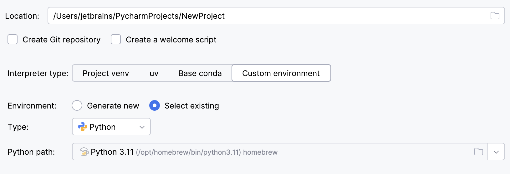 Selecting an existing interpreter for a new project Selecting an existing interpreter for a new project