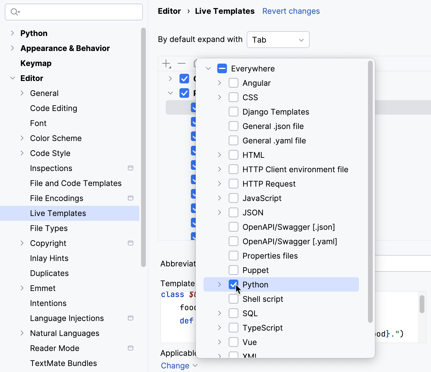 Select the context for the live template