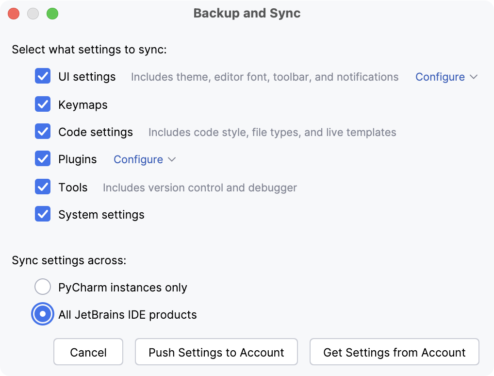Settings Sync dialog Settings Sync dialog
