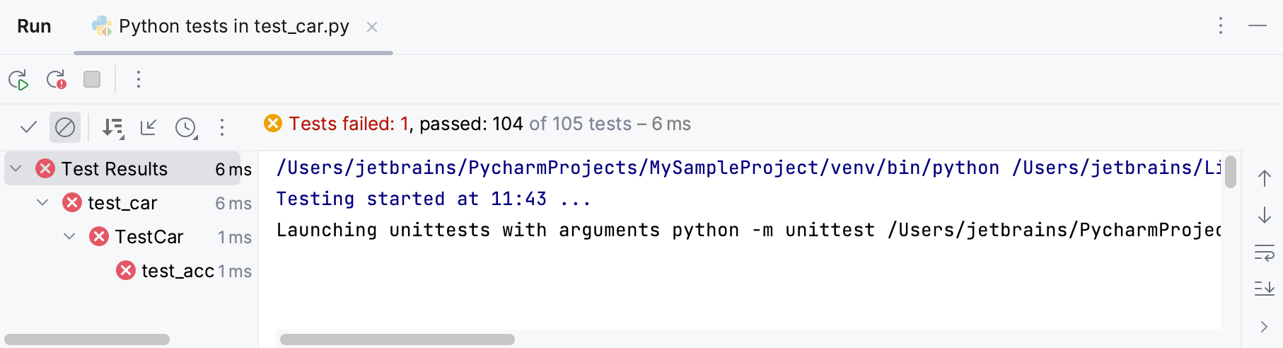Test runner in the Run tool window Test runner in the Run tool window