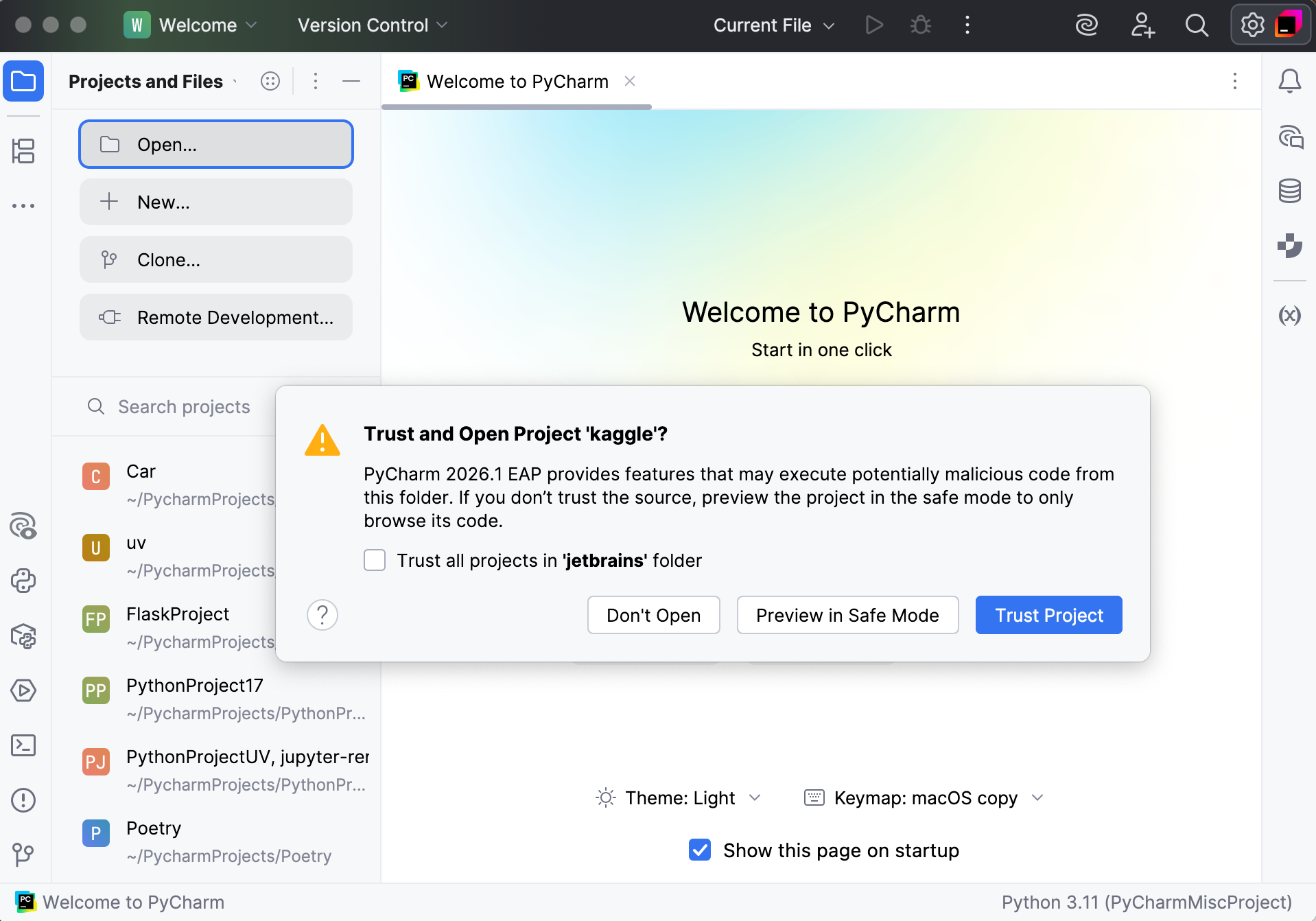 Untrusted project warning