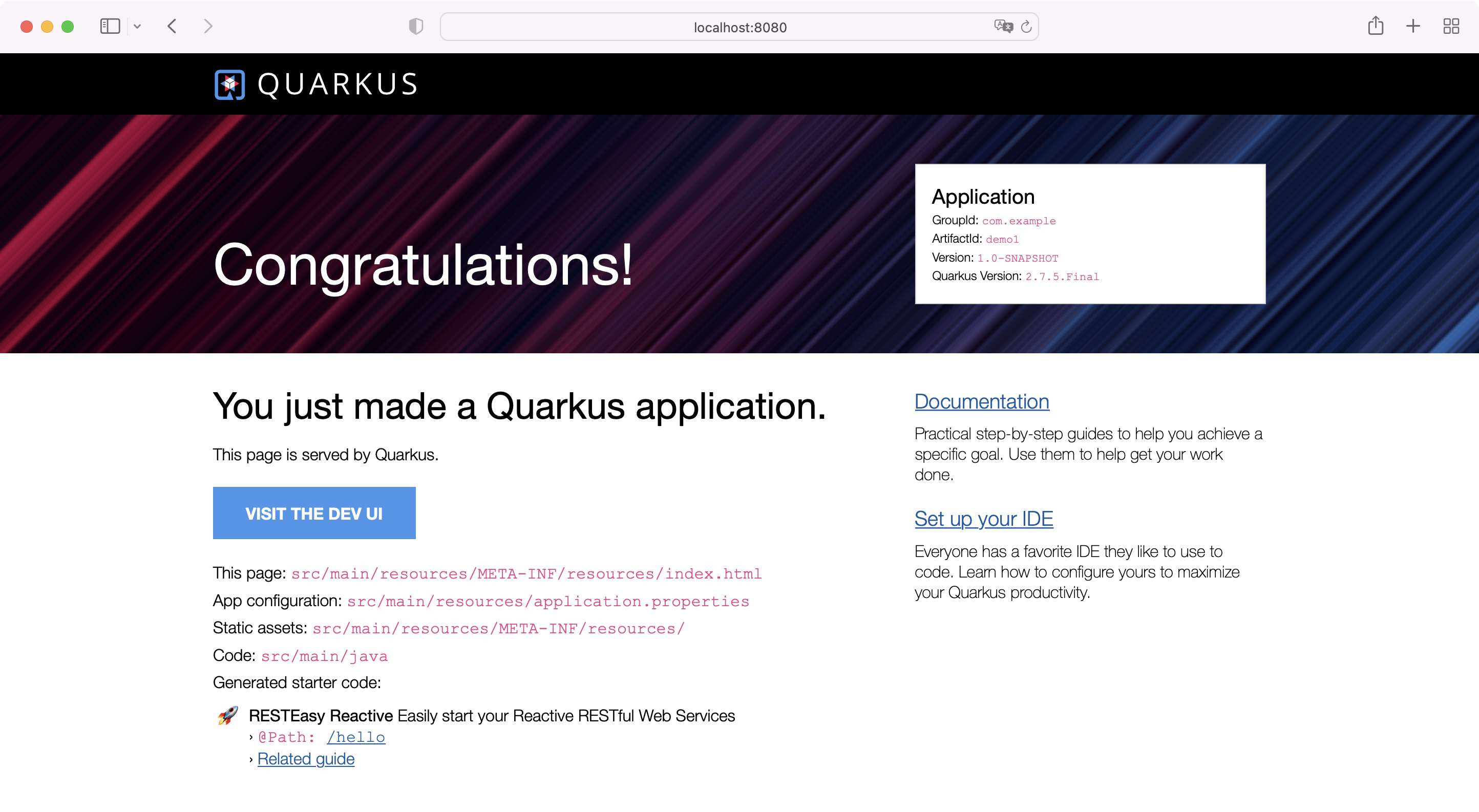 Quarkus application start page Quarkus application start page