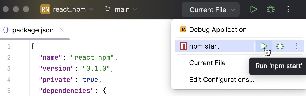Run a React app in the development mode via a run/debug configuration Run a React app in the development mode via a run/debug configuration