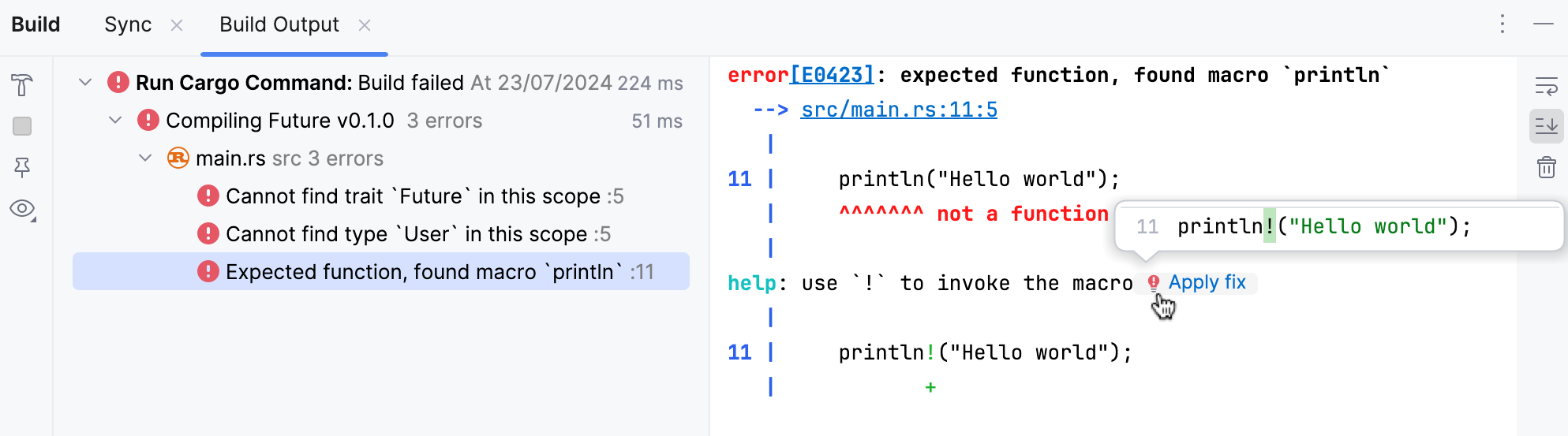 包含编译错误与编译器建议修复的构建输出选项卡