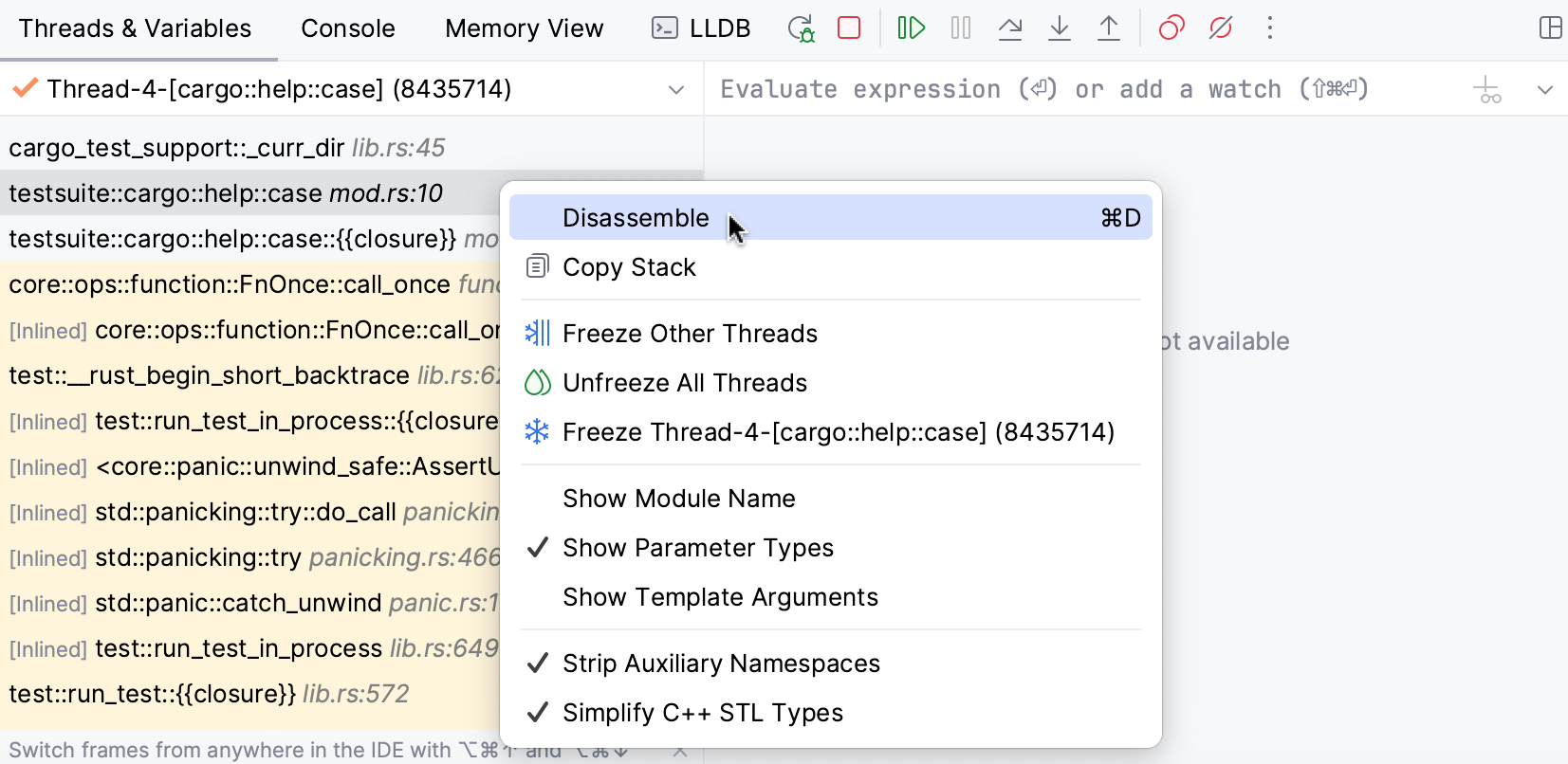 为帧打开反汇编视图