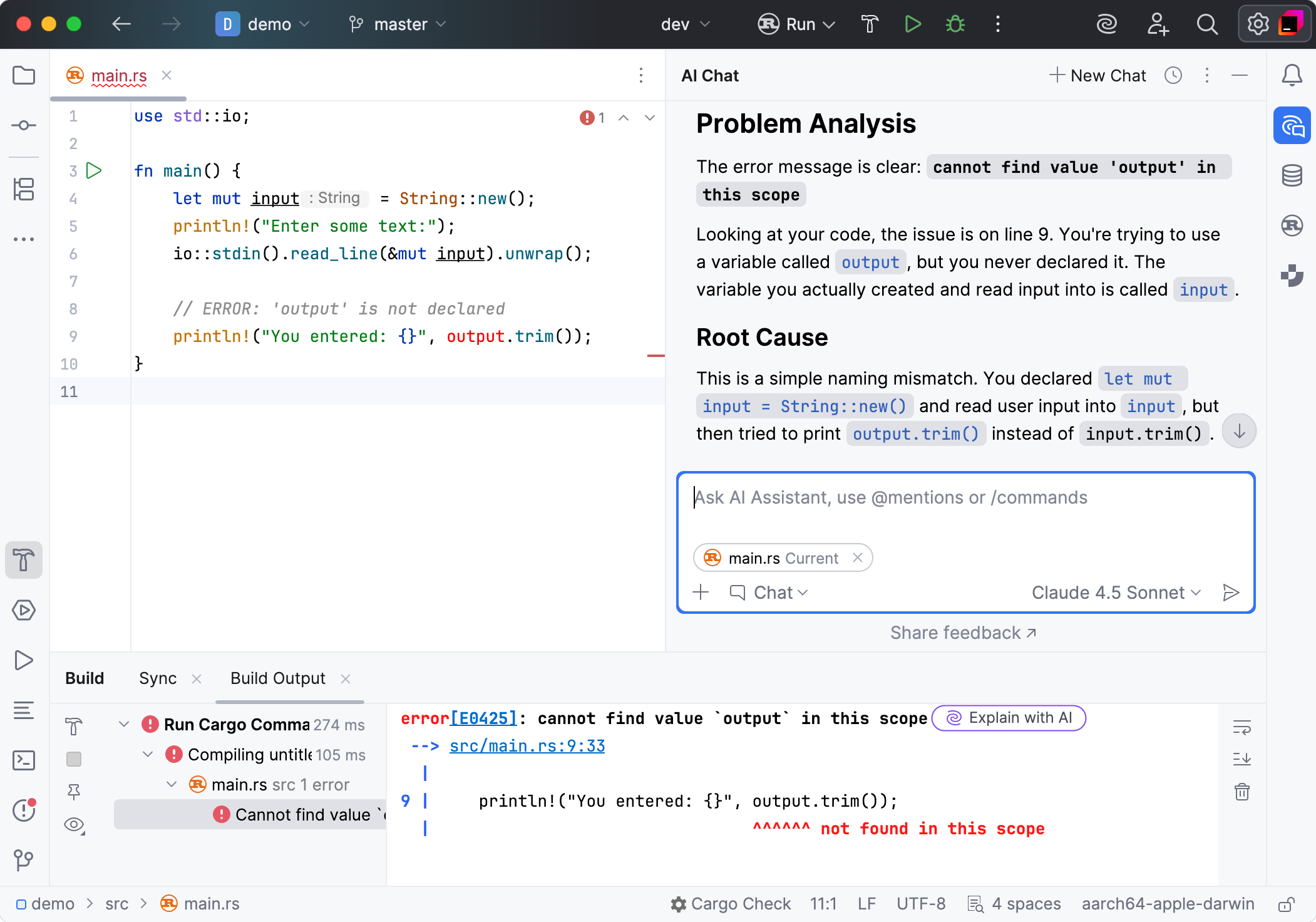 AI Chat tool window with an explanation of the compilation error AI Chat tool window with an explanation of the compilation error