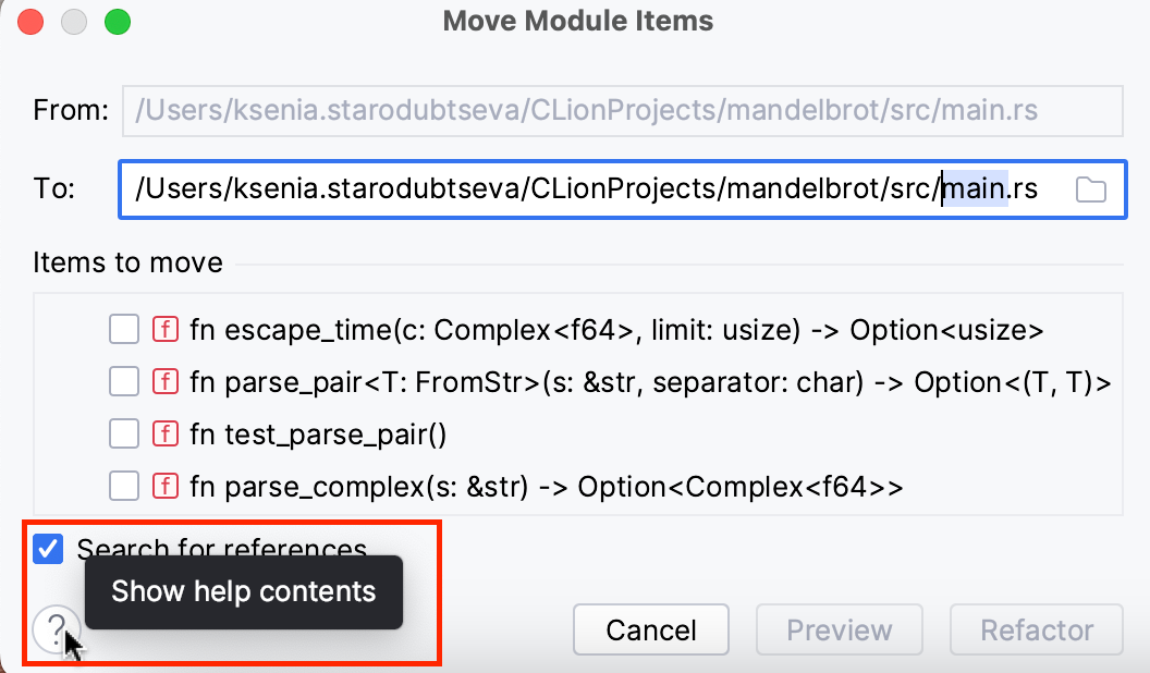 移动模块项对话框中的帮助按钮