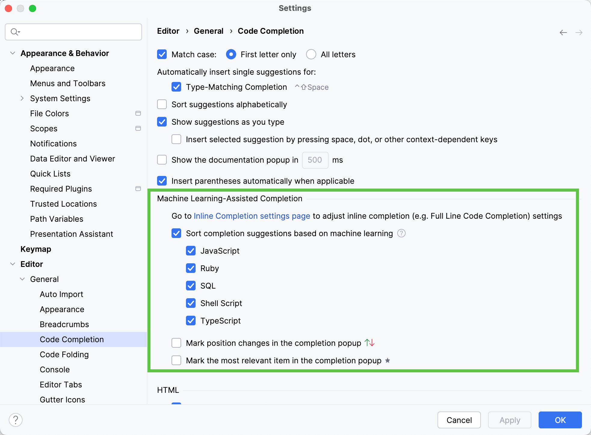 ML-assisted completion settings