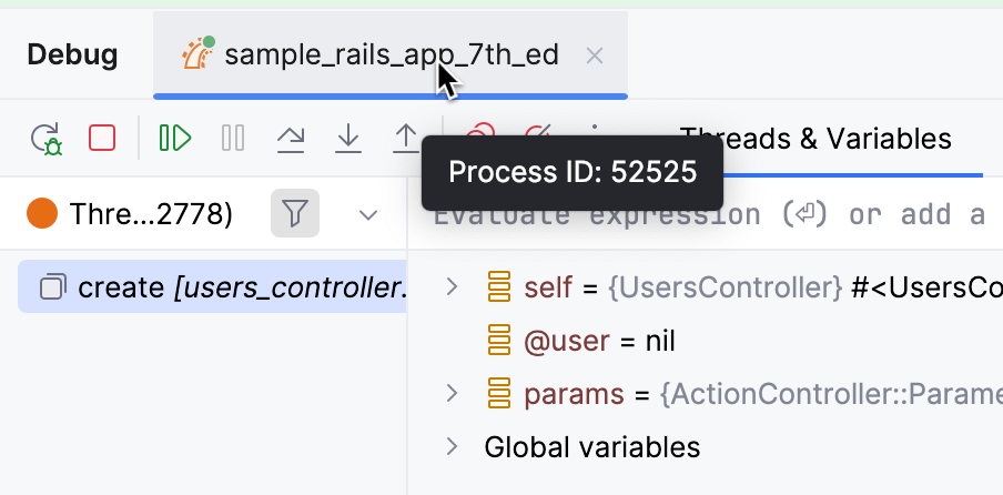 A tooltip with process ID is shown on hovering a session tab in the Debug tool window