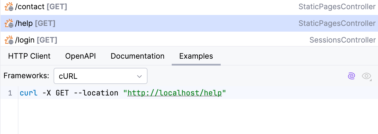 Endpoints tool window: Example tab Endpoints tool window: Example tab
