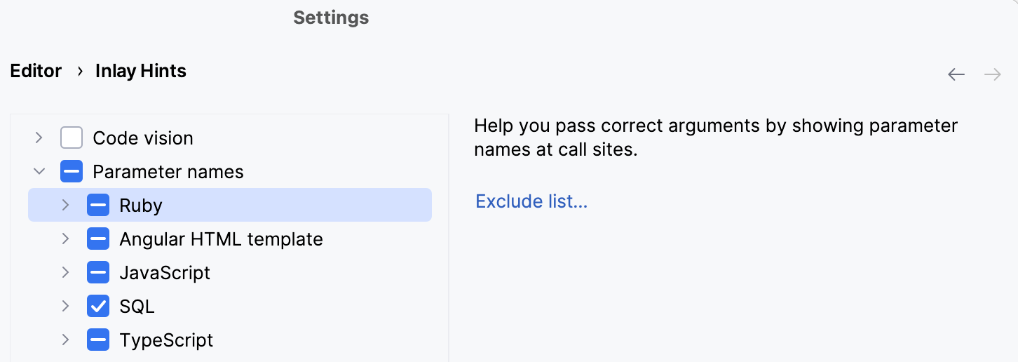 Configure the parameter hints exception list