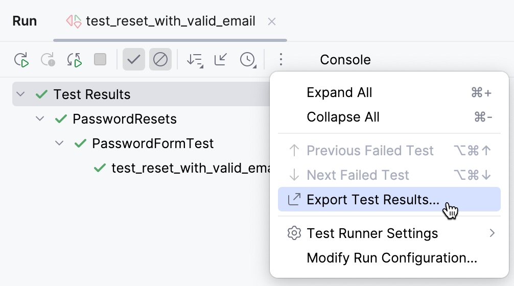 Using the test results toolbar to export test results