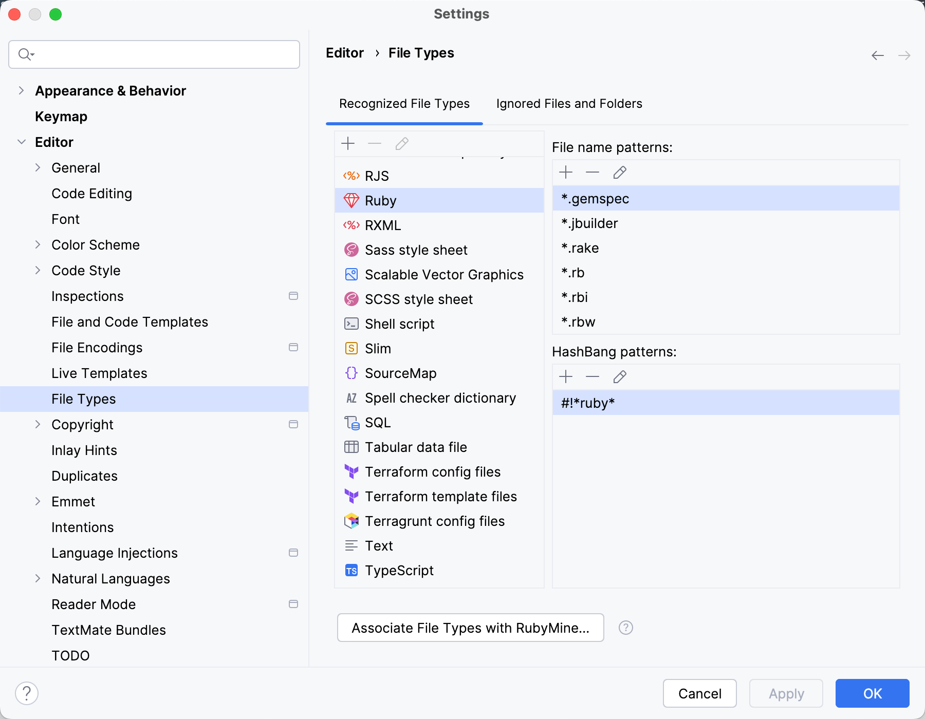File type settings File type settings