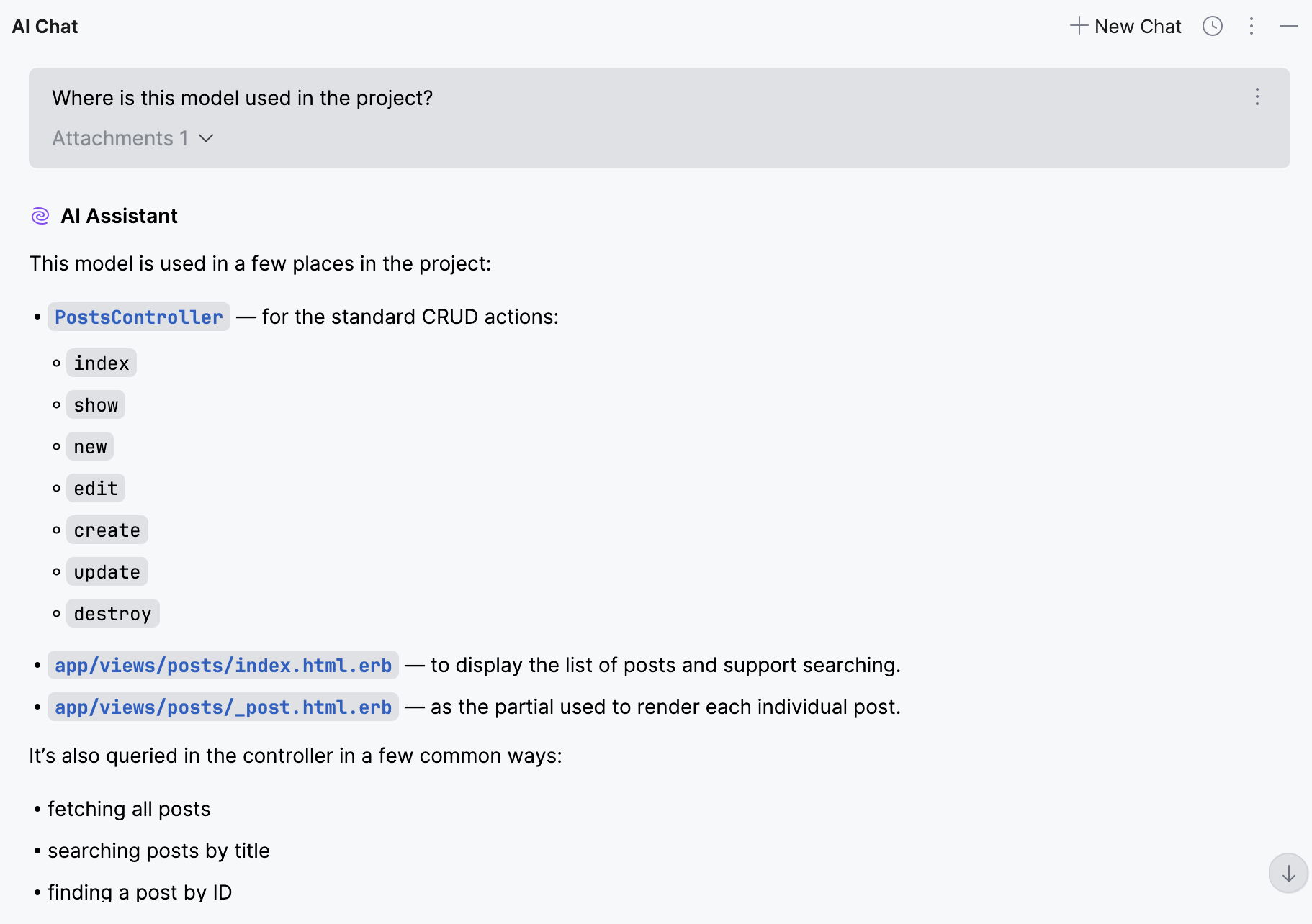 Reviewing related code in AI Chat response