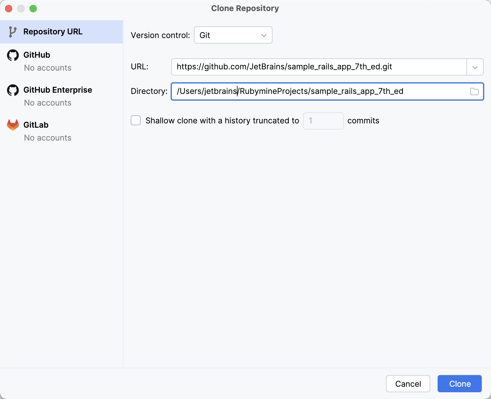 Clone Repository dialog Clone Repository dialog