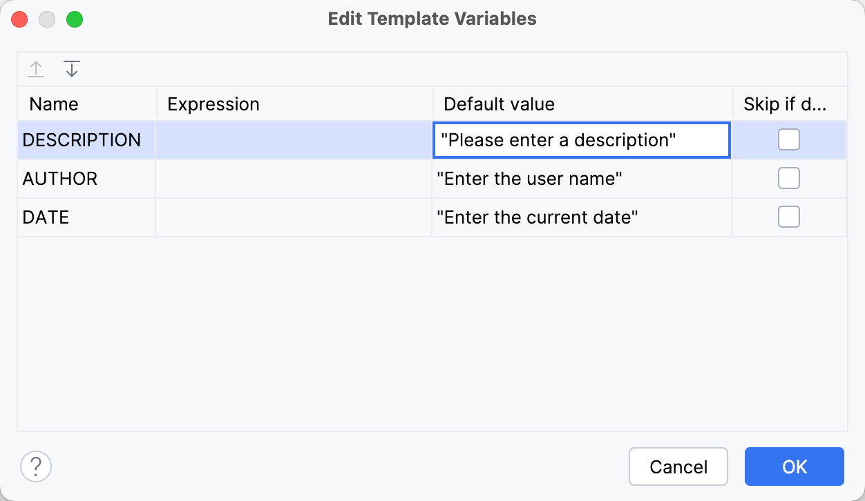 Edit Templates Variable dialog