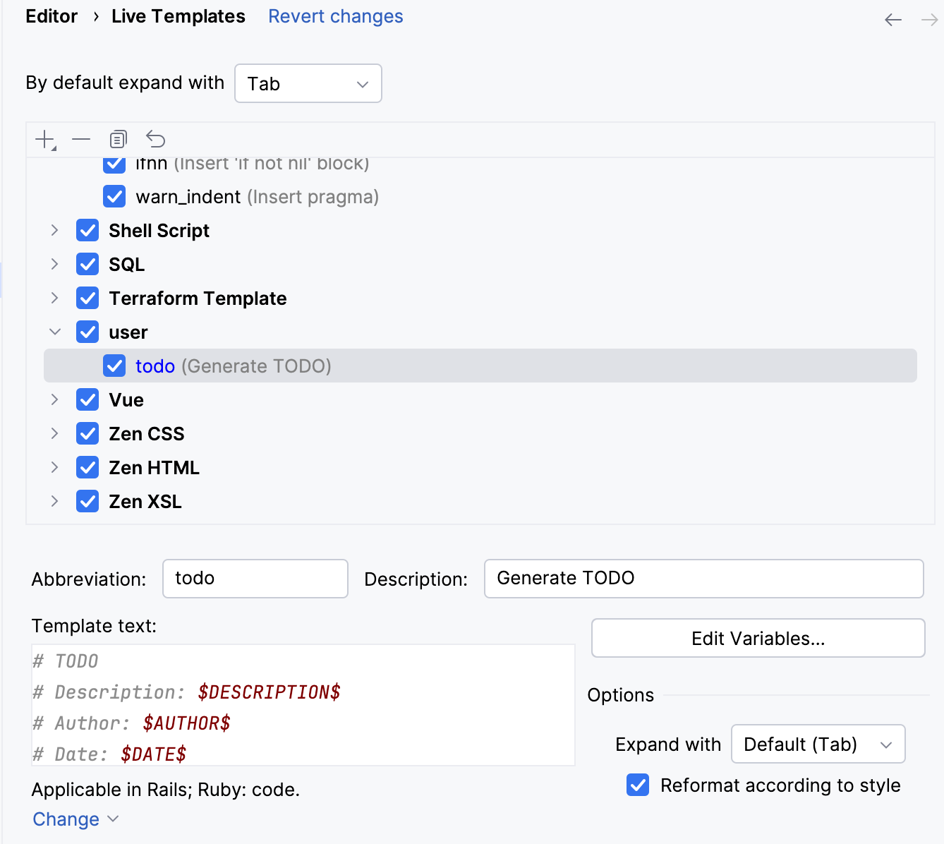 Live template with variables