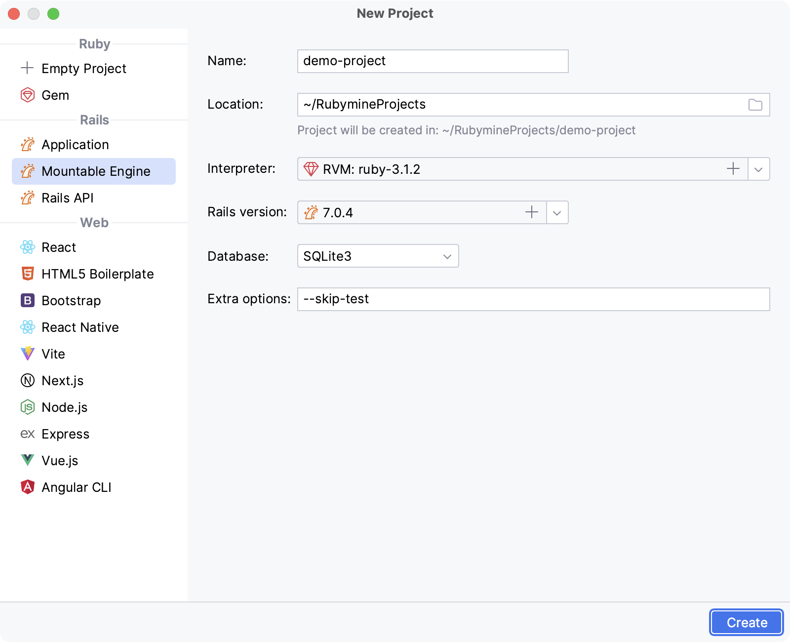 New Project dialog: Rails application New Project dialog: Rails application
