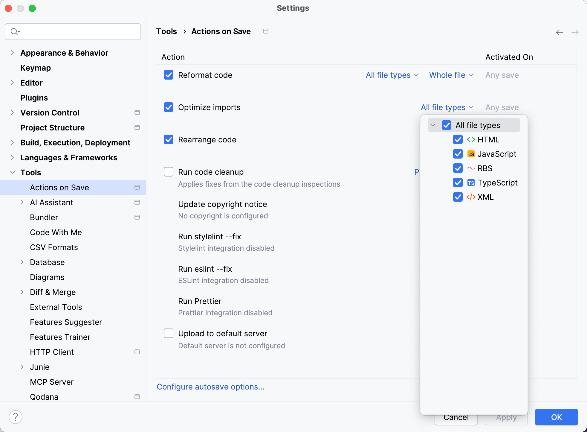 Automatically optimize imports on save: specify file types