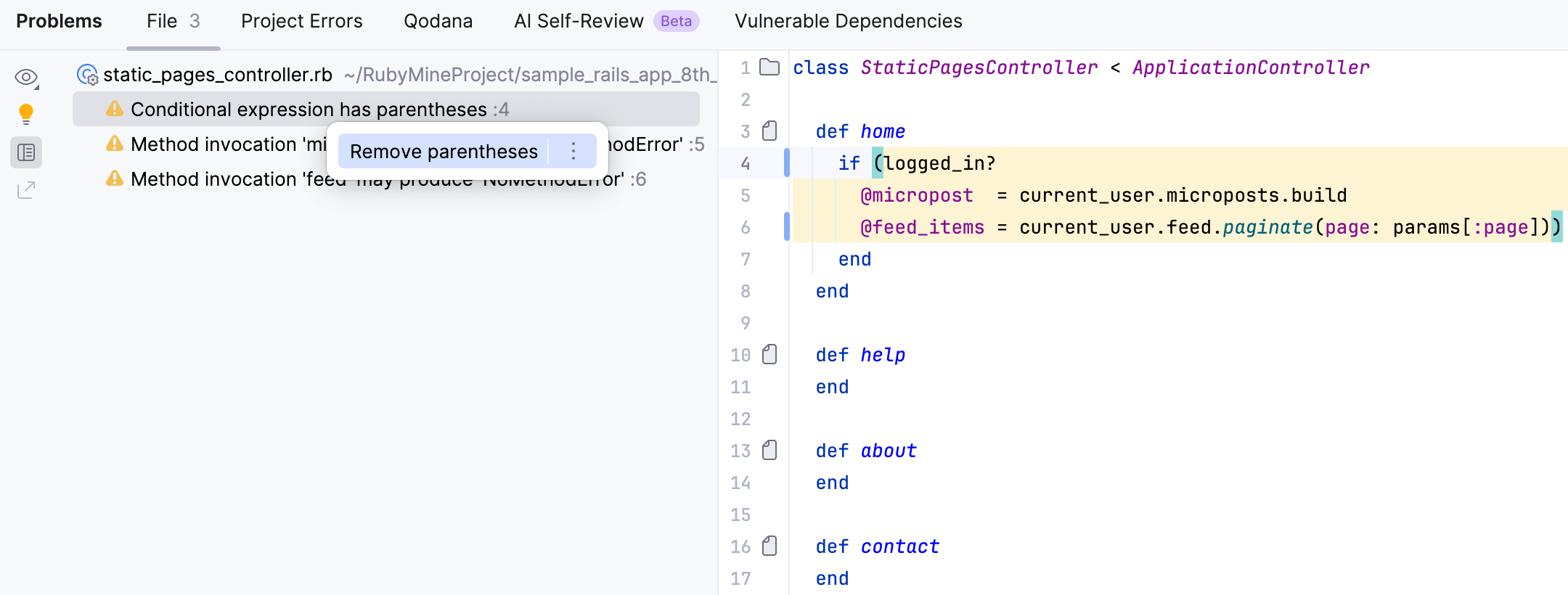 Detected problems shown in the Problems tool window