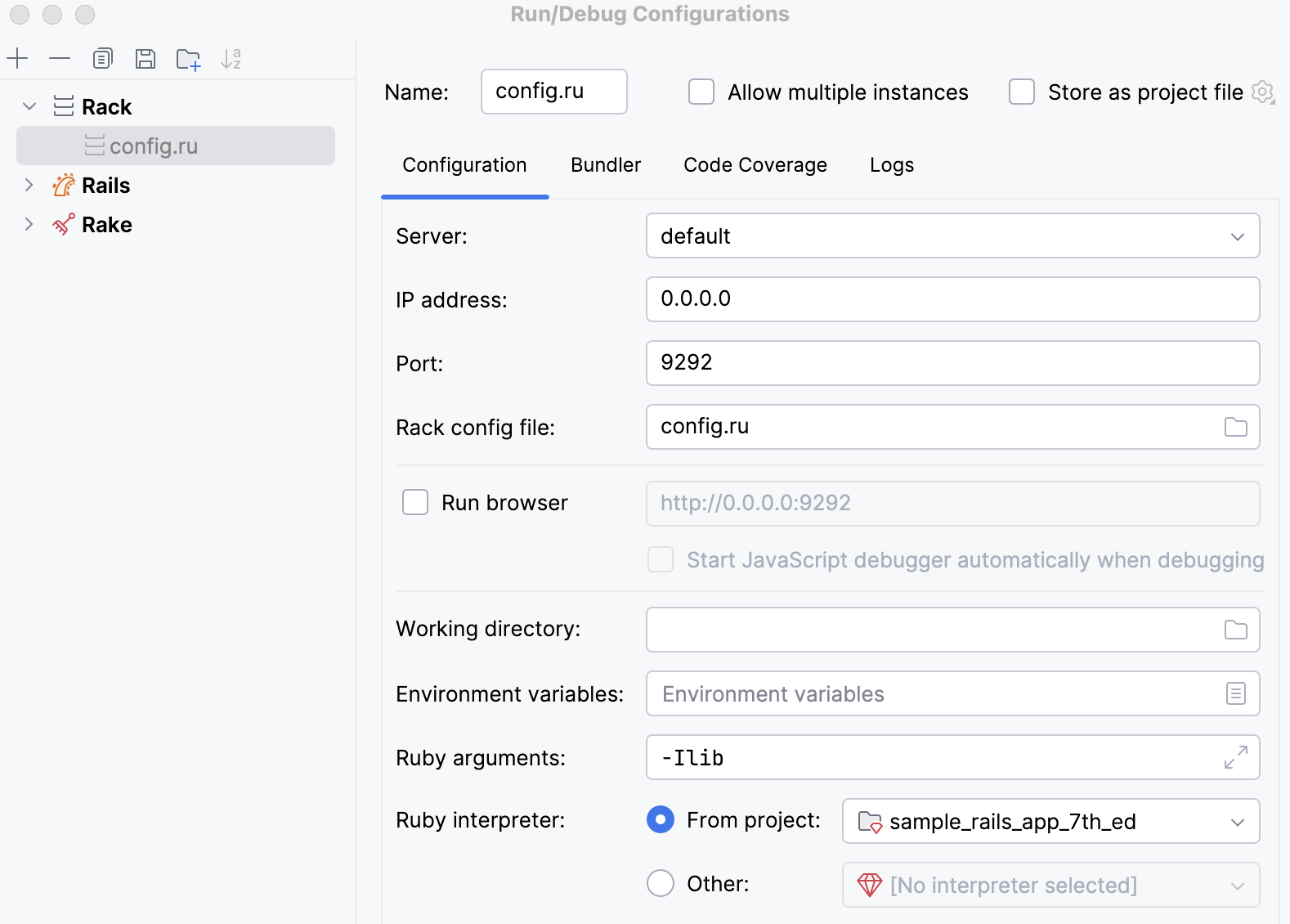 Run/Debug Configuration: Rack Run/Debug Configuration: Rack