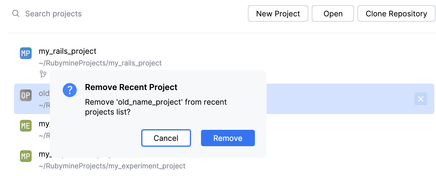 Confirming outdated project entry removal