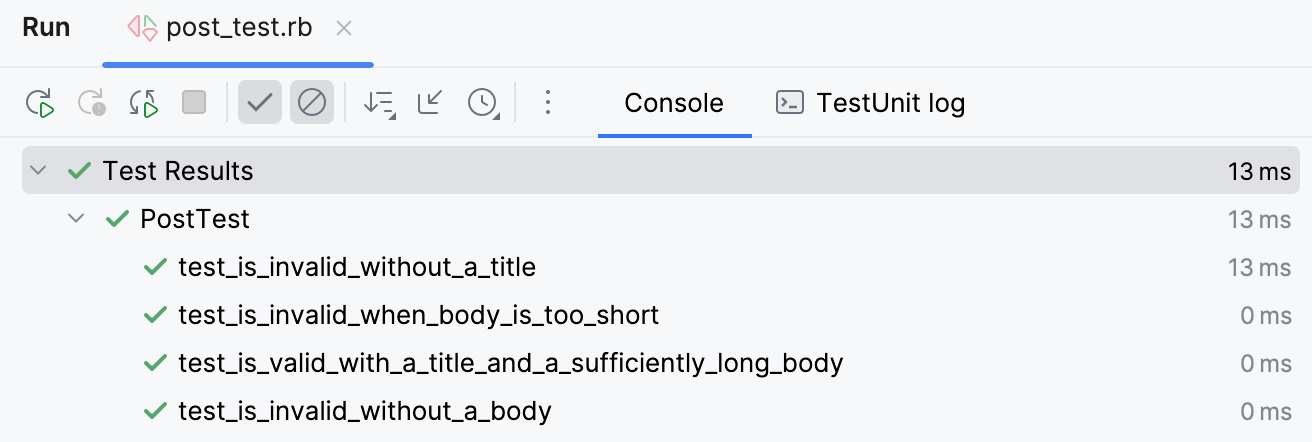 Test results in Run tool window