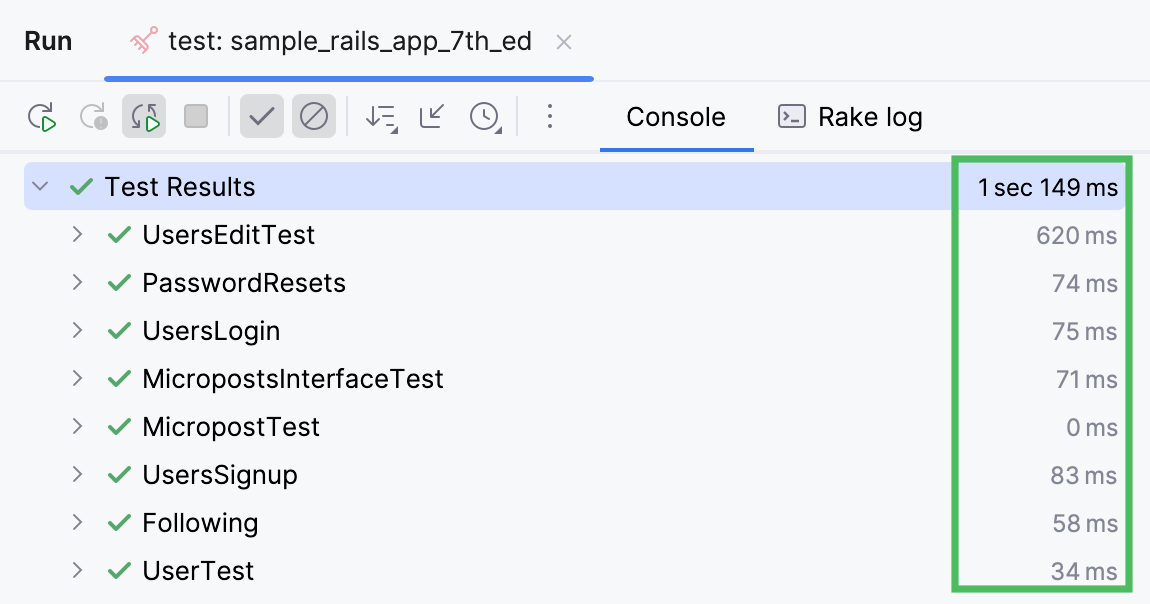 Test statistics shown on the run configuration tab