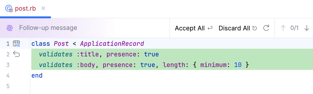 Reviewing code suggestions directly in the file