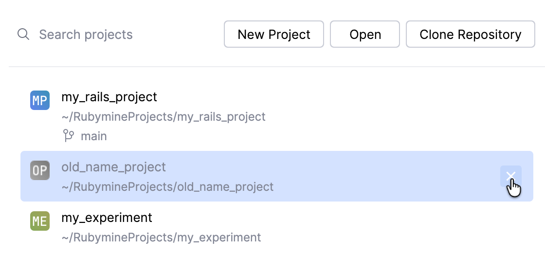 Welcome screen with an outdated project entry