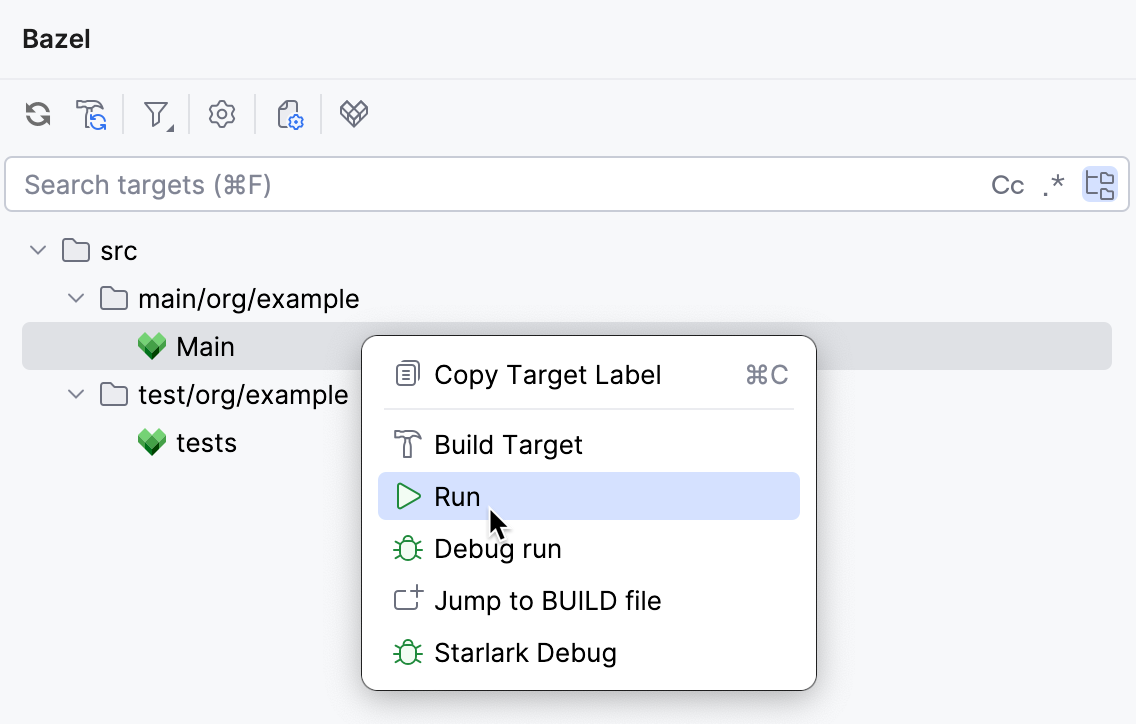 A menu appears on right-clicking the Main target in the Bazel tool window
