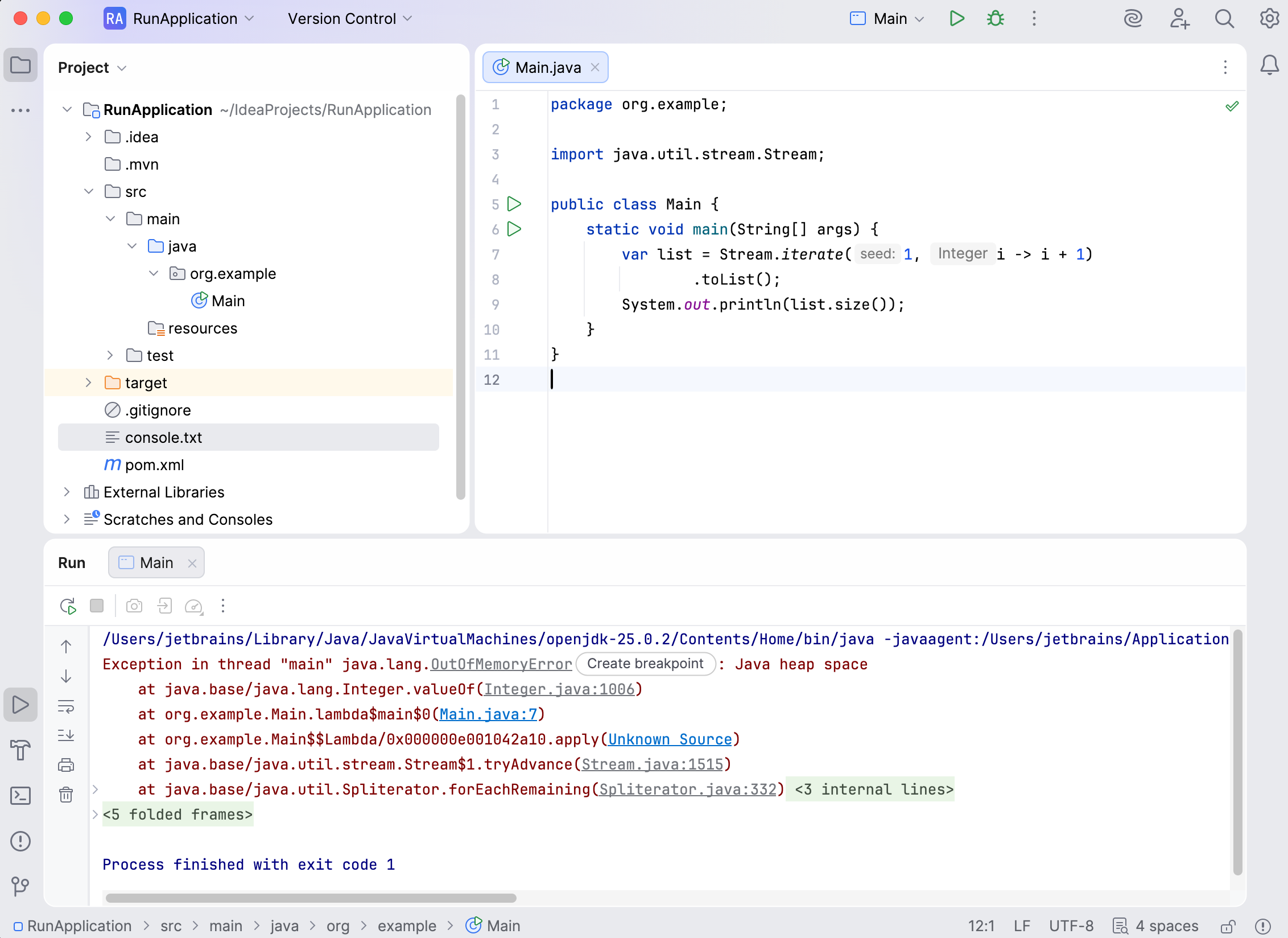 Application failed with OutOfMemoryError