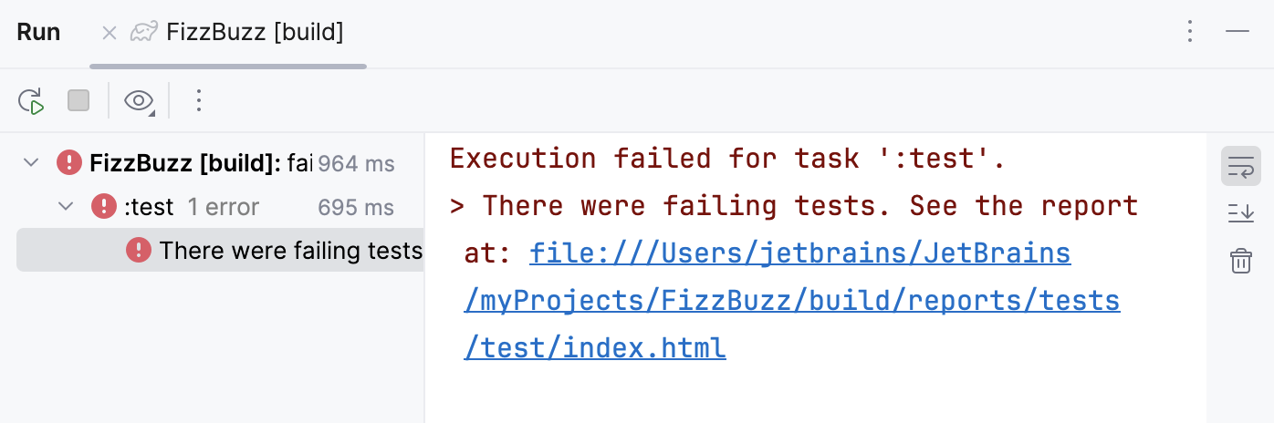 Run tool window: build with failed test Run tool window: build with failed test