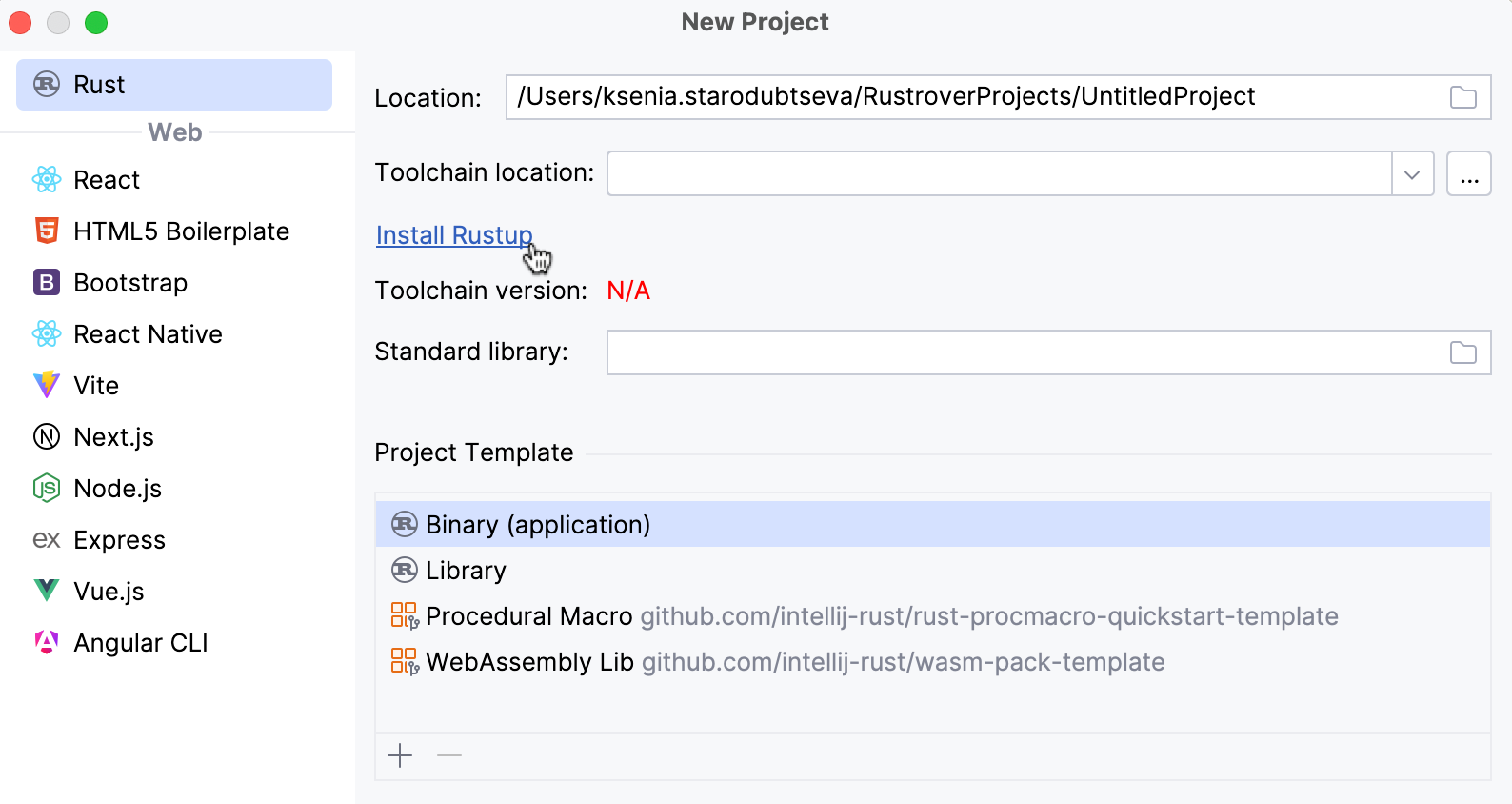 未配置 Rust 工具链的通知
