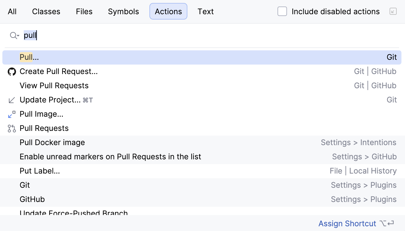 the Search Everywhere window: Pull action