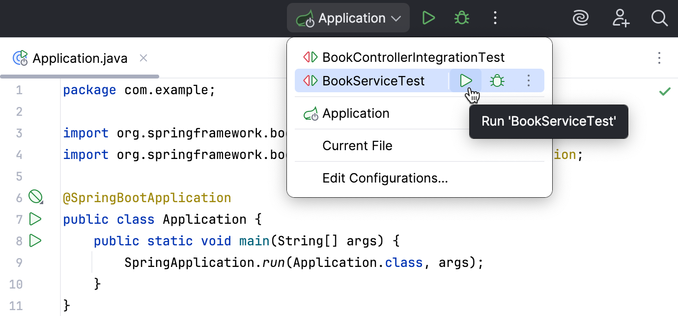 'Run' button near a run configuration in the Run widget menu