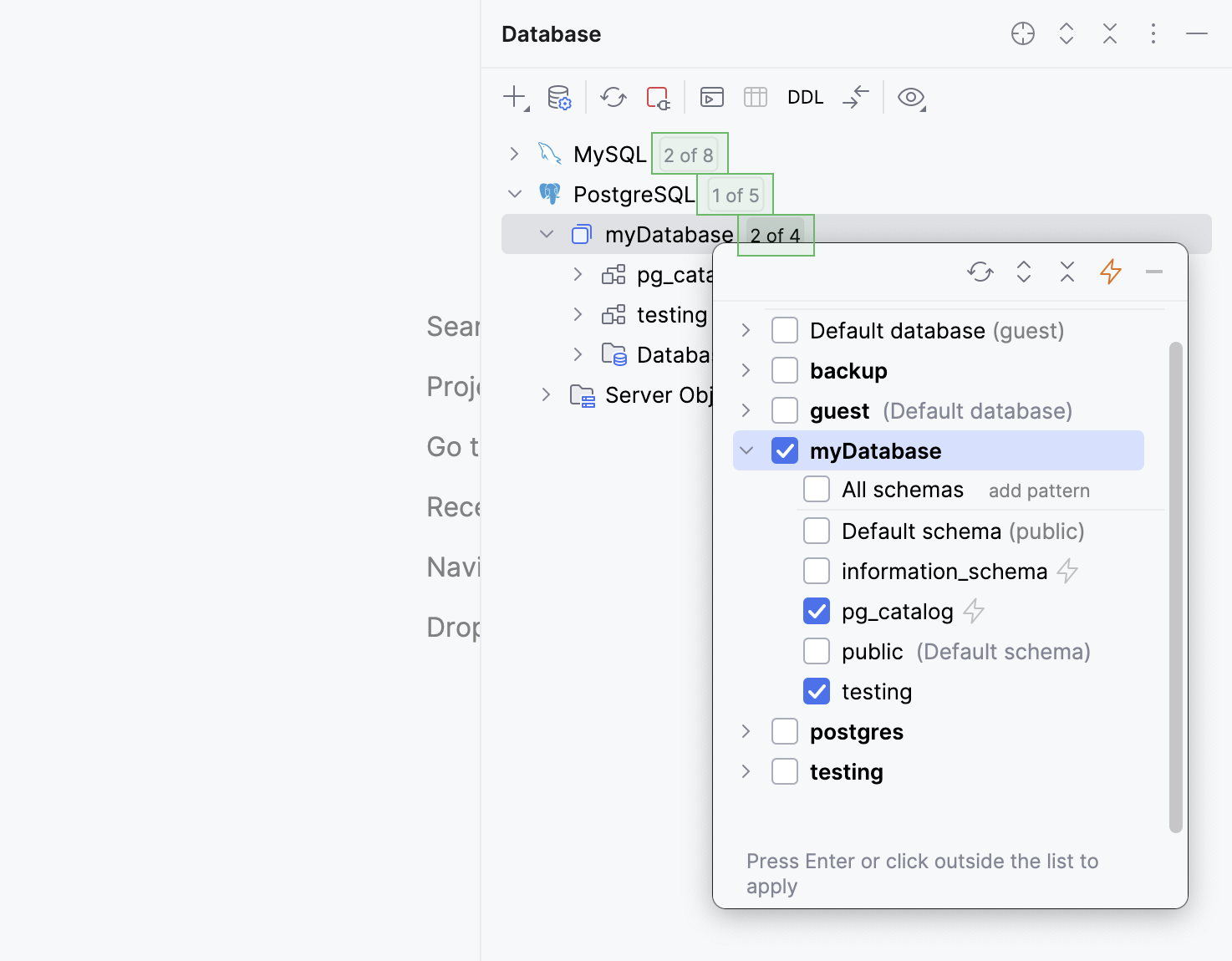 Select schemas or databases in Database tool window