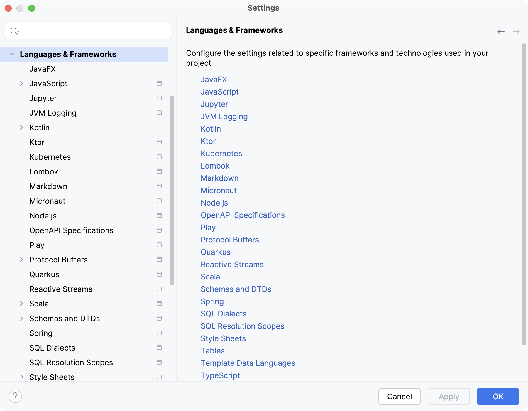 Settings: Languages and Frameworks