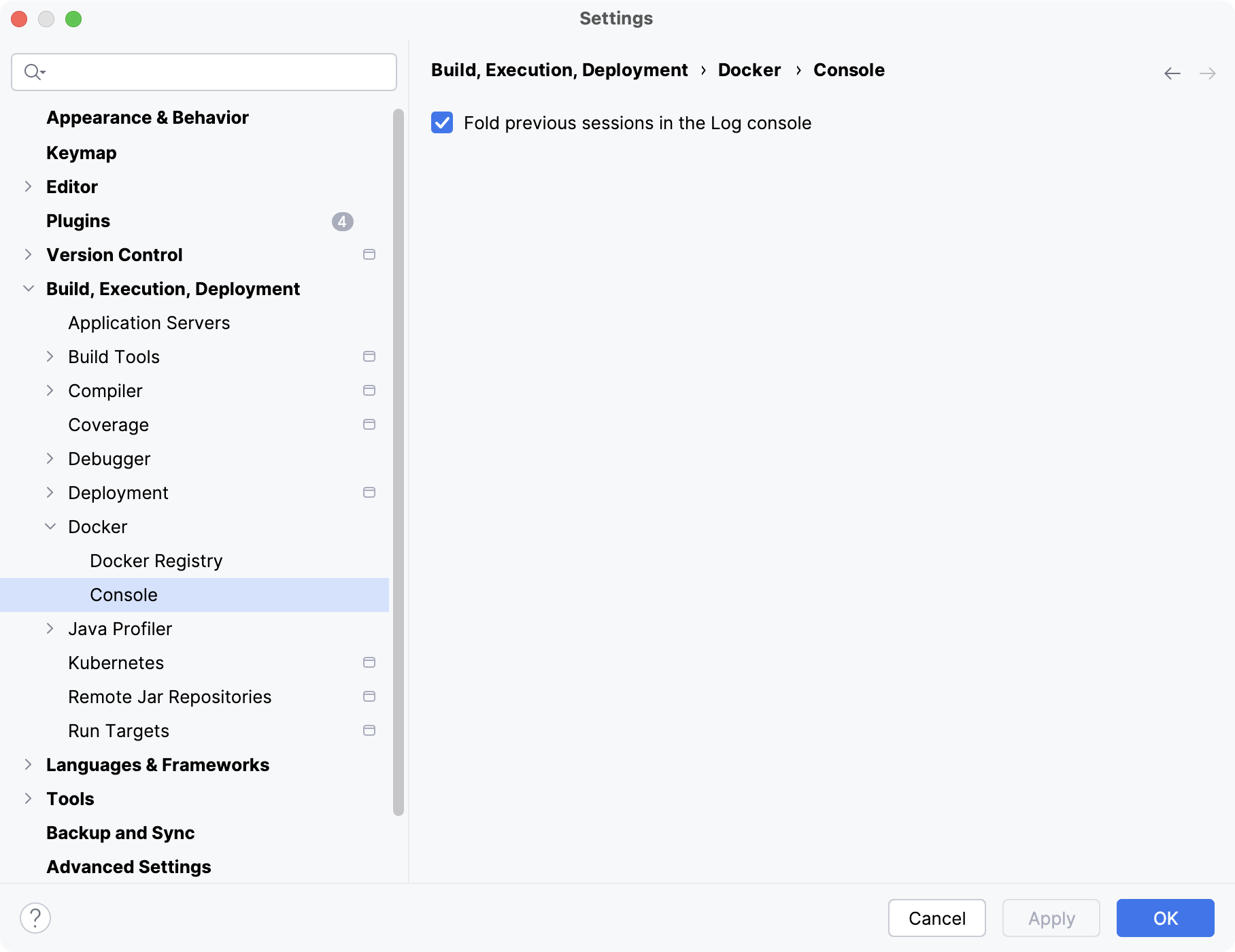 The Docker Console settings page