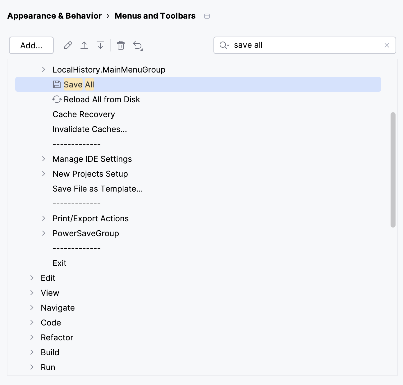 the Menus and Toolbars settings the Menus and Toolbars settings