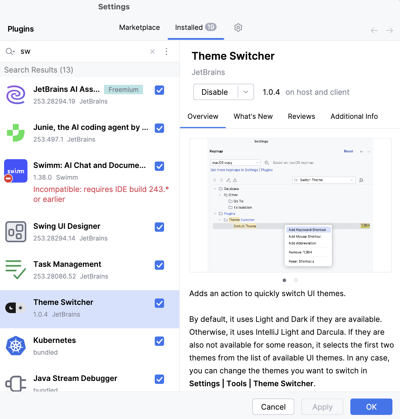 The Plugins settings dialog The Plugins settings dialog
