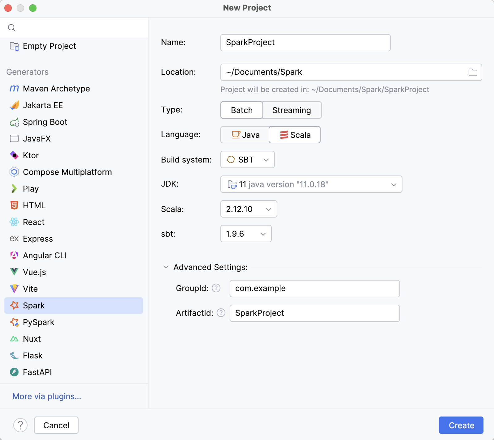 Spark new project wizard